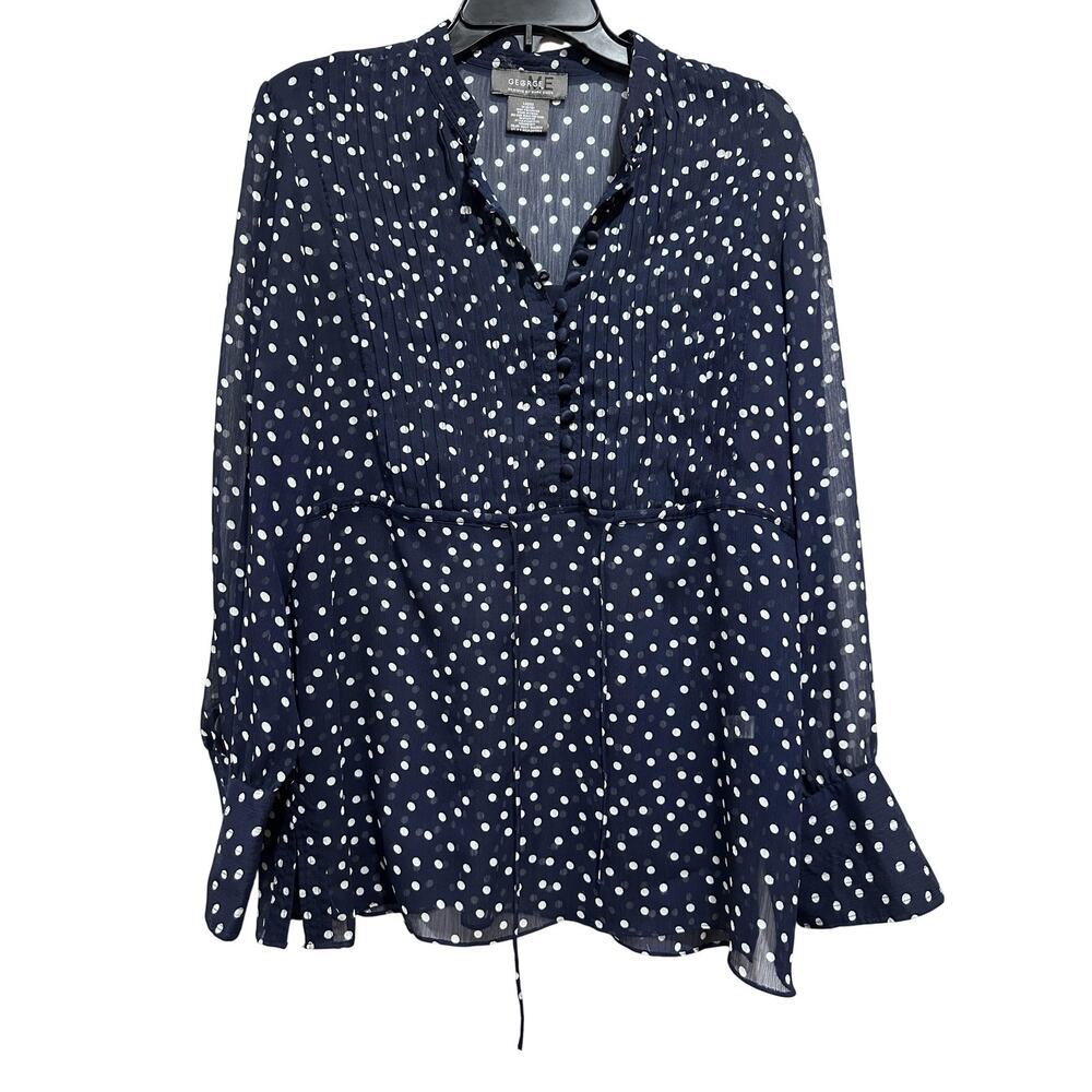 George by Mark Eisen Blouse Size M Blue White Polka Dot Sheer Long Sleeve V Neck